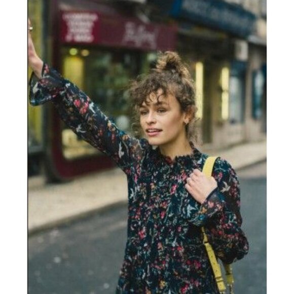 💕THE KOOPLES💕 Blue Bird Print Dress ~ Floral Long Sleeve 100% Silk Crepe Small - Picture 5 of 16